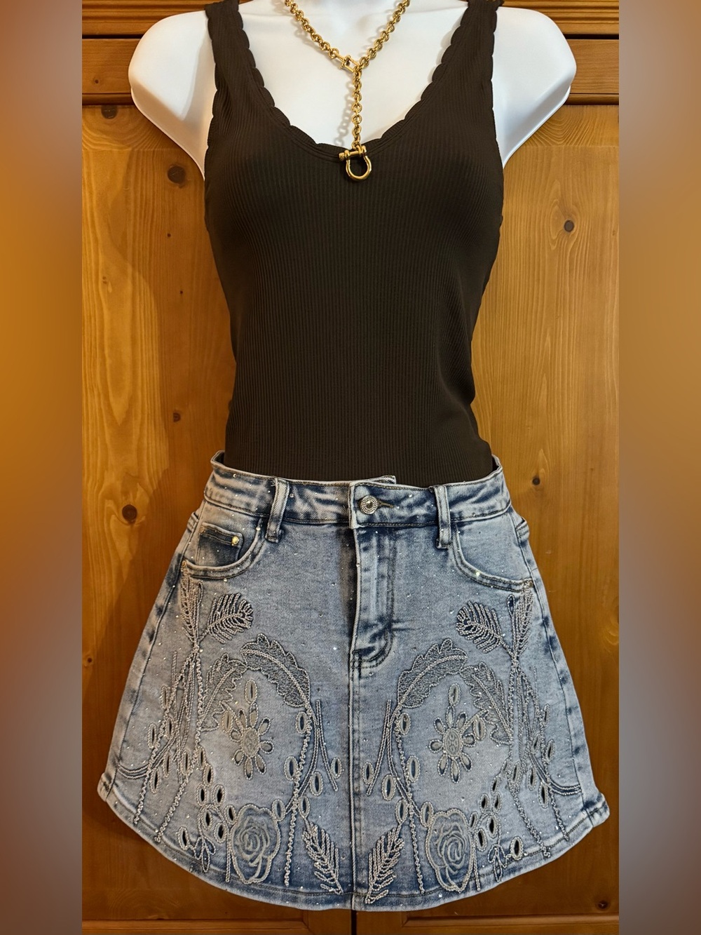 Nina Rossi Denim Embroidered Sparkle A-Line Mini Skort NWT